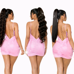 Three views of a woman wearing  ponytail extensions on a white background.